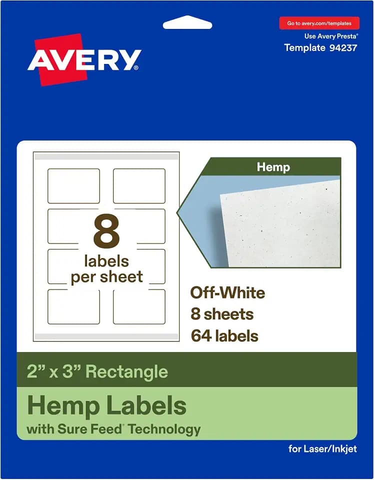 Avery® Printable Rectangle Hemp Labels, Sure Feed® Technology, 2" x 3", Off-White, Print-to-the-Edge, Laser & Inkjet Compatible, 64 Total, Great for Product Branding, Packaging, and More