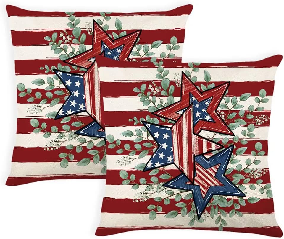 4th of July Pillow Covers 18x18 Inch Set of 2 Patriotic Outdoor Throw Pillows Covers American Star Red White Stripes Fourth of July Decorative Pillows Independence Memorial Day Couch Sofa Decor