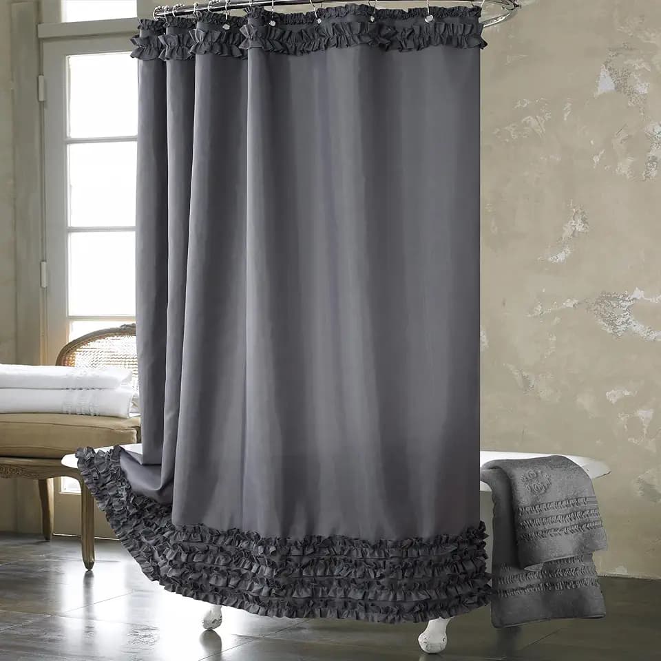 Ruffle Stall Shower Curtain, Grey Fabric Narrow Shower Curtain with Handmade Ruffles, Farmhouse Chic Bath Small Curtains, 54" W x 72" H