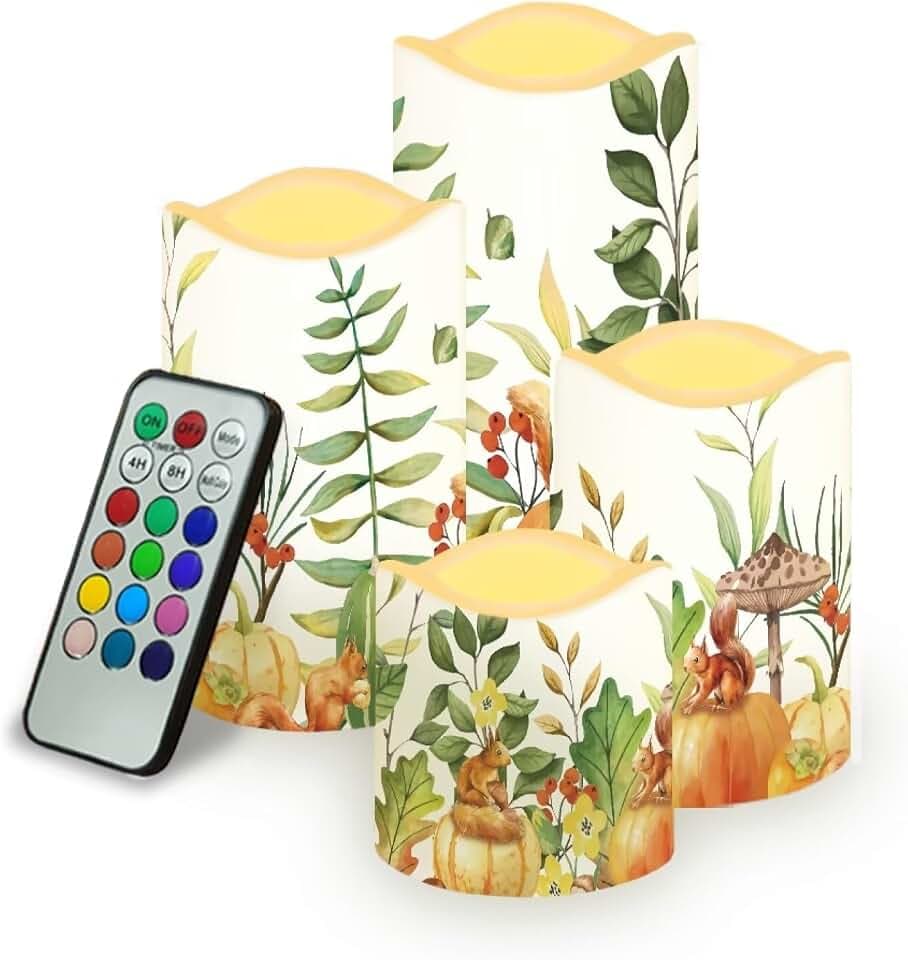 Ystardream Squirrel Pumpkin Flameless Candles Set of 4 Christmas Thanksgiving Candles Flickering LED Candles Plastic Moving Candle with Remote Color Changing & Timer Fall Outdoor Decorations