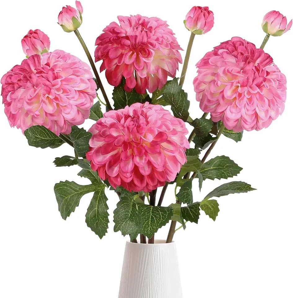 IPOPU 4pcs Artificial Dahlia Flowers 29" Realistic Dahlia Silk Flowers Long Stem Flowers with Buds for Tall Vase DIY Bouquet Home Wedding Decor (Hot Pink)