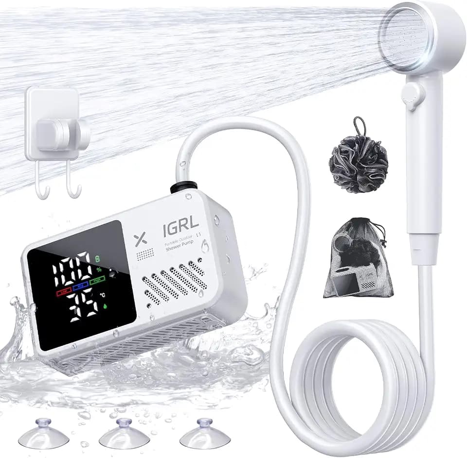IGRL Portable Shower for Camping, Powerful 10L/Min Water Flow, Rechargeable Shower Pump with Bath Sponge, 4 Spray Modes, IPX8 Waterproof, 7800mAh Battery, Ideal for Hiking, Travel, Car Wash, Pet