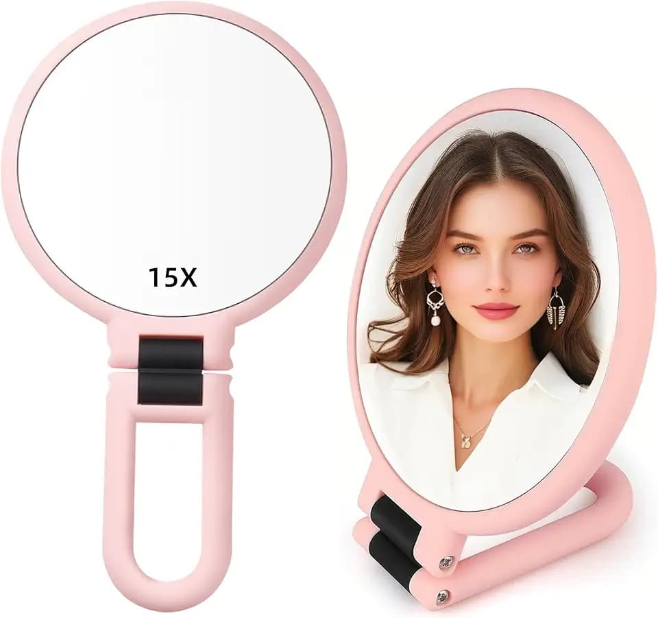 1X 15X Handheld Mirror with Handle for Travel, Magnifying Mirror, Rotation Adjustable Handle, Double Sided Folding, Mirror for Women for Eyes Makeup Travel Table Desk Shaving