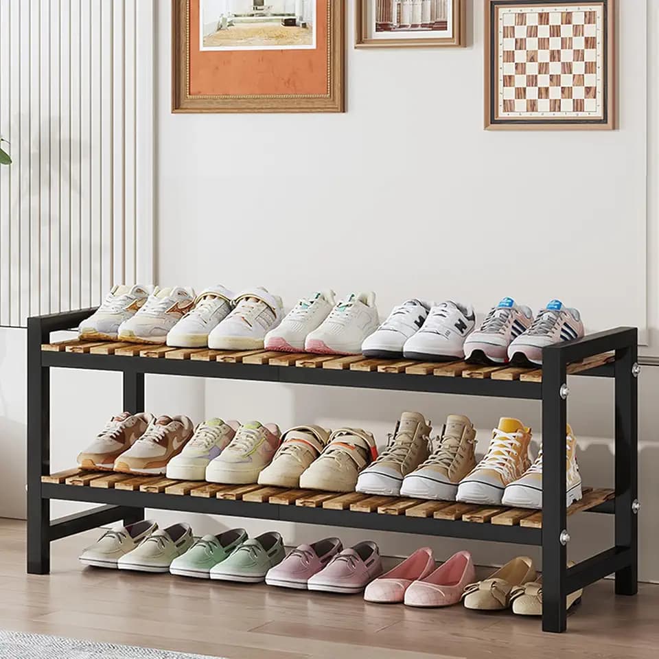 Shoe Rack Organizer for Small Spaces 2Tier Long Narrow Shoe Stand, Closet Shoe Rack, Small Shoe Shelf for Closet Entryway Corner Garage and Bedroom Front Door - Shoe Storage Combining Wood and Metal