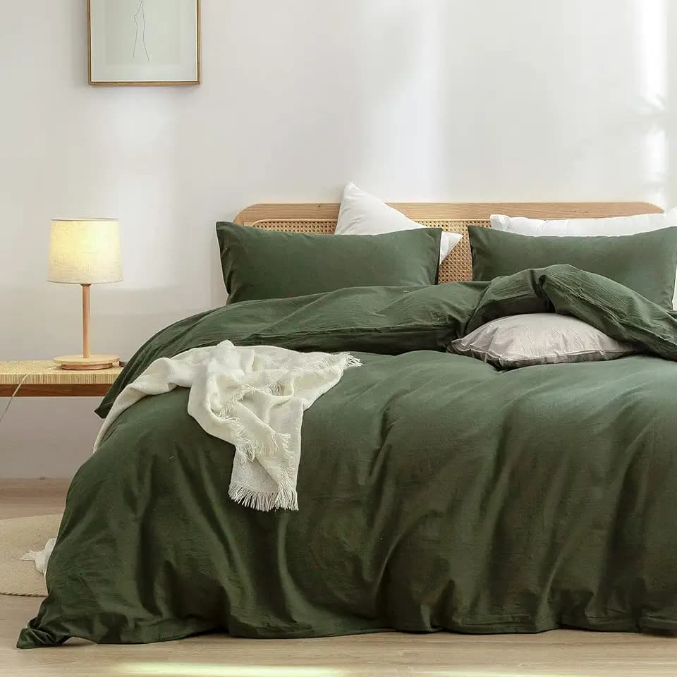 BESTOUCH Cotton Solid Duvet Cover Set Linen Feel Olive Green Twin