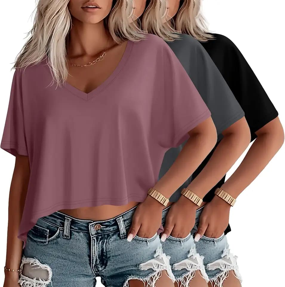 Huukeay 3 Pack Women's Oversized V Neck T Shirts