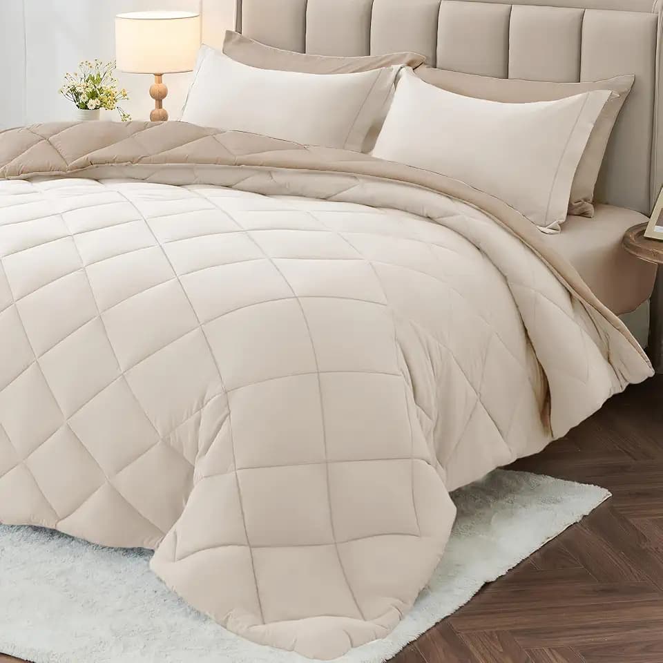 Queen Comforter Set 7 Pieces, Reversible Bed in a Bag, Beige/Dark Linen