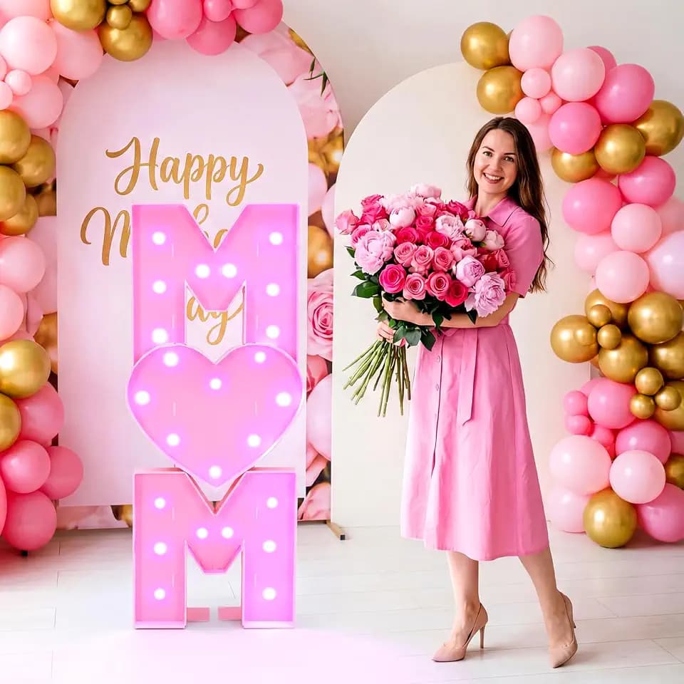 Rossesay Mother's Day Decorations LED Letter Lights, 4 ft Tall ‘mom' Marquee Letters Lights Large Heart Sign for Mother's Day Birthday Party Decorations Supplies