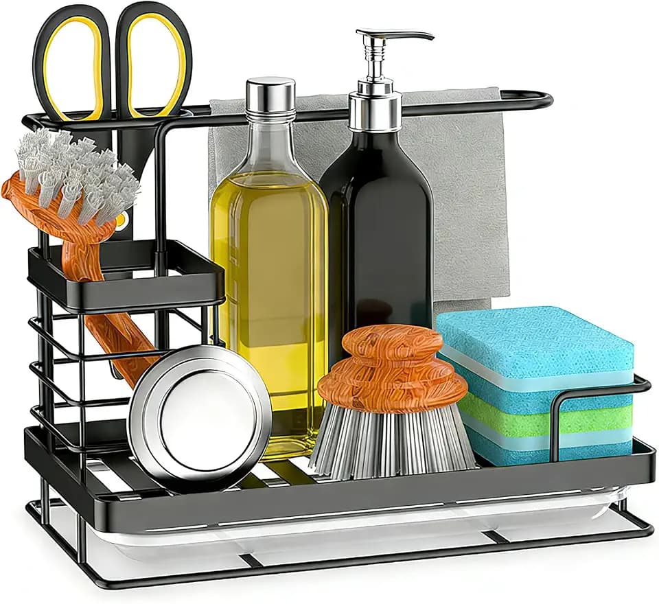 Kitchen Sink Organizer with Drain-Pan Soap and Sponge Holder for the Kitchen Sink Stainless Steel Sink Storage Rack Soap Dispenser Organize L