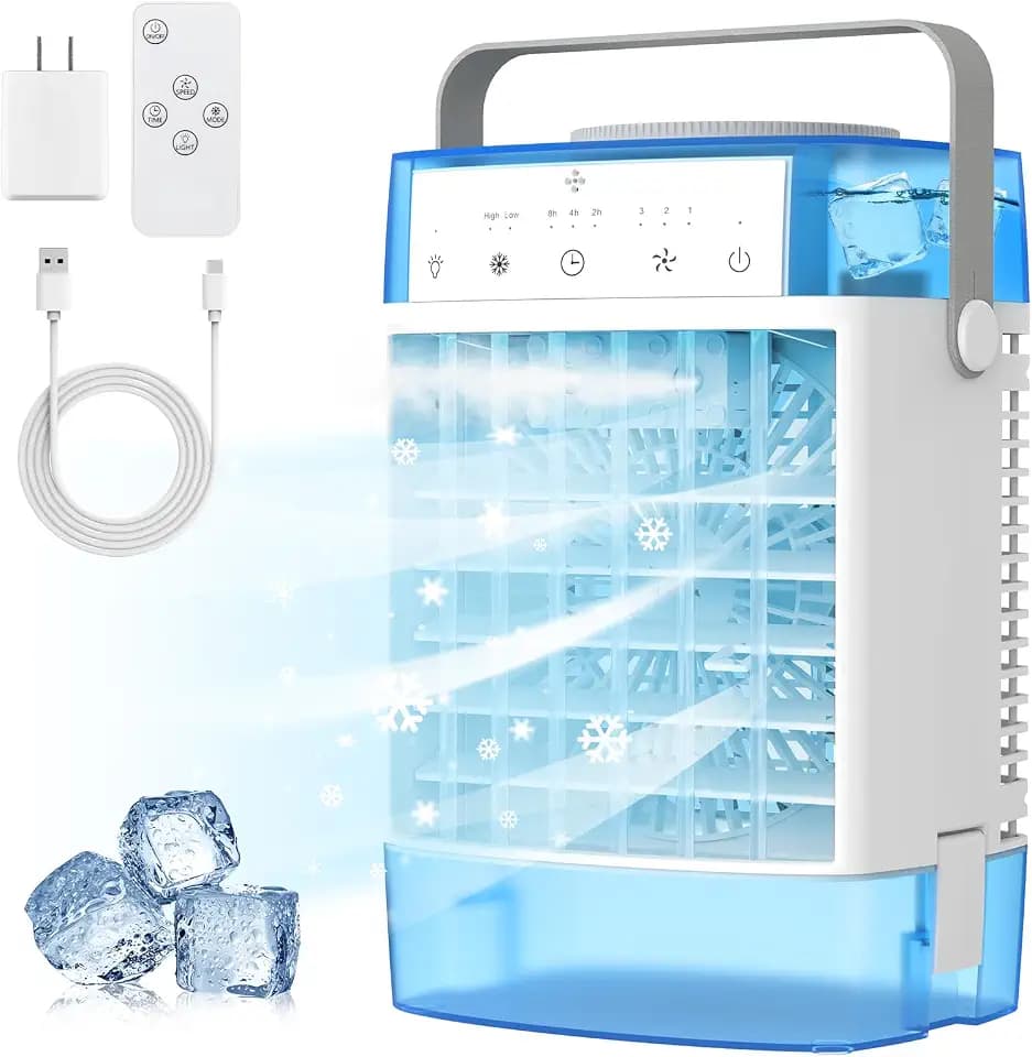 Portable Air Conditioners, 1000ml Portable AC Unit with Remote Control, Powerful 3 Speeds 7 Colors LED Evaporative Air Cooler with Timer, Personal Mini Air Conditioner (Blue)