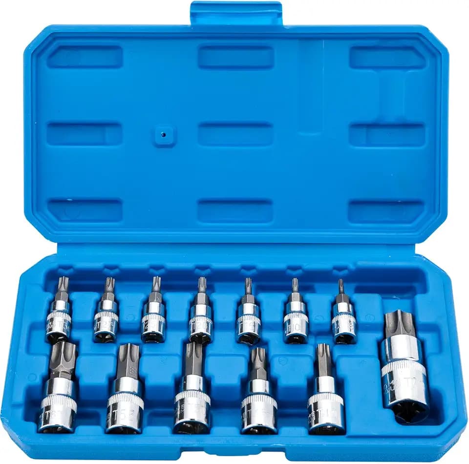 Qnkaa Torx Bit Socket Set 13pcs 3/8" Dr. T8 - T70 E Star S2 Alloy Steel