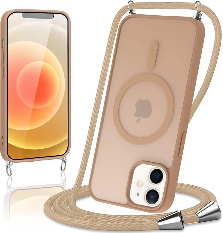 Handyband für iPhone 12/iPhone 12 Pro Hülle mit Band,Matt Magnetisch Handyhülle Kompatibel mit Mag Safe,Transluzente PC + TPU Stoßfest Schutzhülle mit Abnehmbar Kordel zum Umhängen Case,Khaki