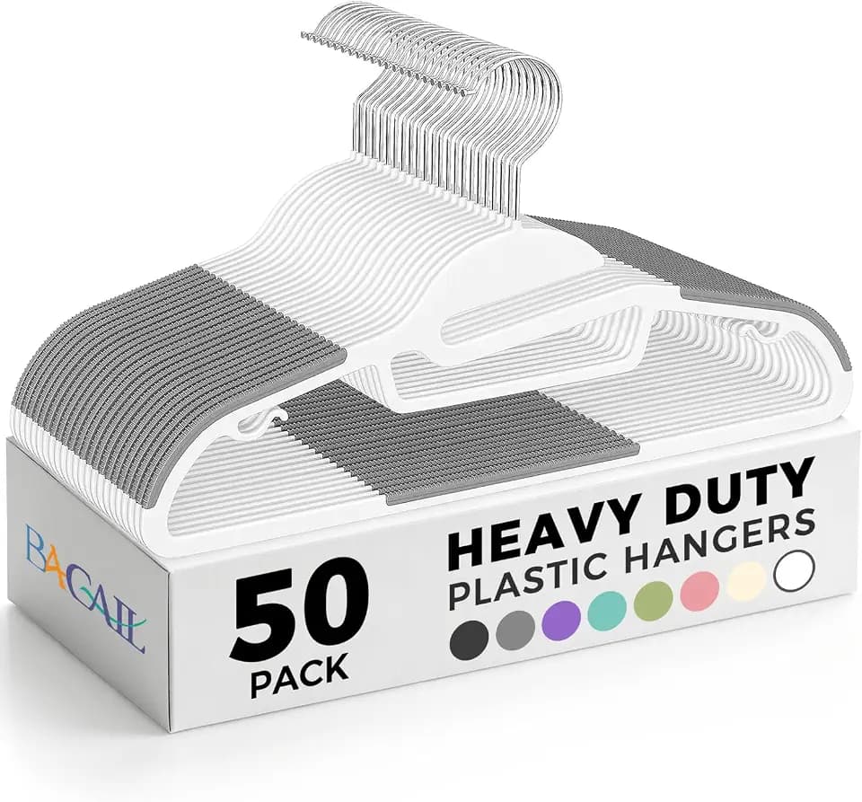 BAGAIL Plastic Hangers 50 Pack with Non-Slip Design,0.2 Inches Thick, 360°Swivel Hook Space Saving Organizer for Bedroom Closet,Shirts,Pants(White- S Shaped)