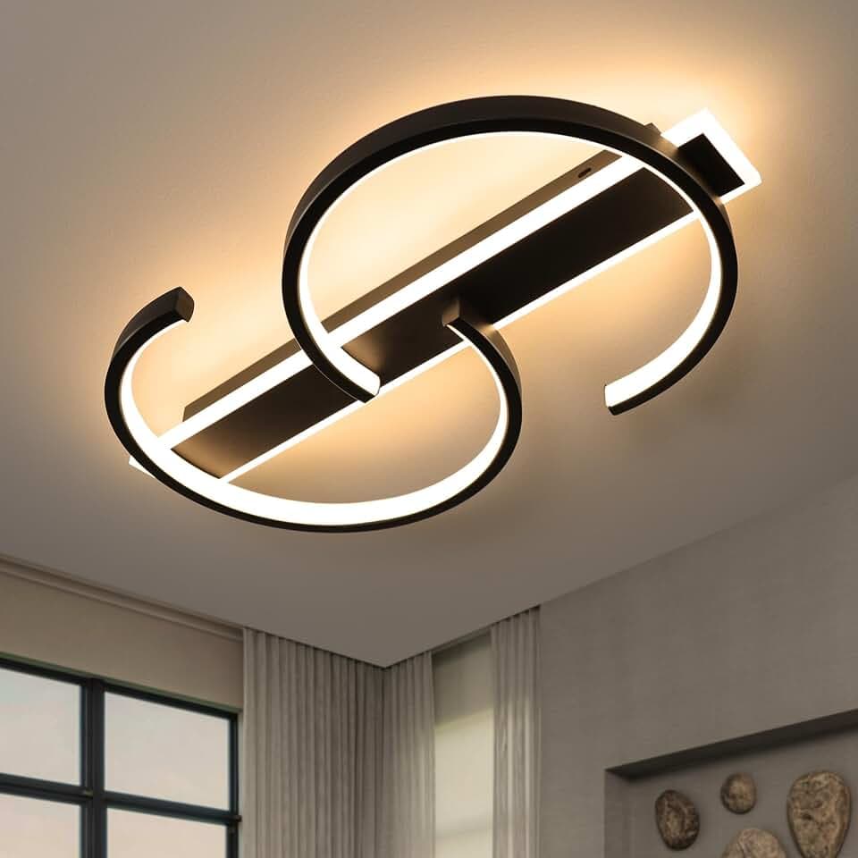 LUOLONG LED Deckenleuchte Dimmbar Deckenlampe Schwarz Wohnzimmerlampe mit Fernbedienung 2-Ringen kreis Deckenleuchte Schlafzimmerlampe Arbeitzimmer Büro Modern Schwarz 50cm (mit Fernbedienung)