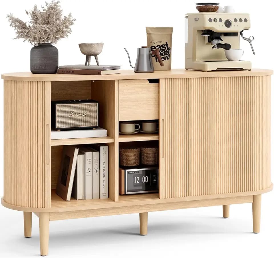 LINSY HOME 55" Sideboard Buffet Cabinet,Tambour Sliding Doors & Drawer