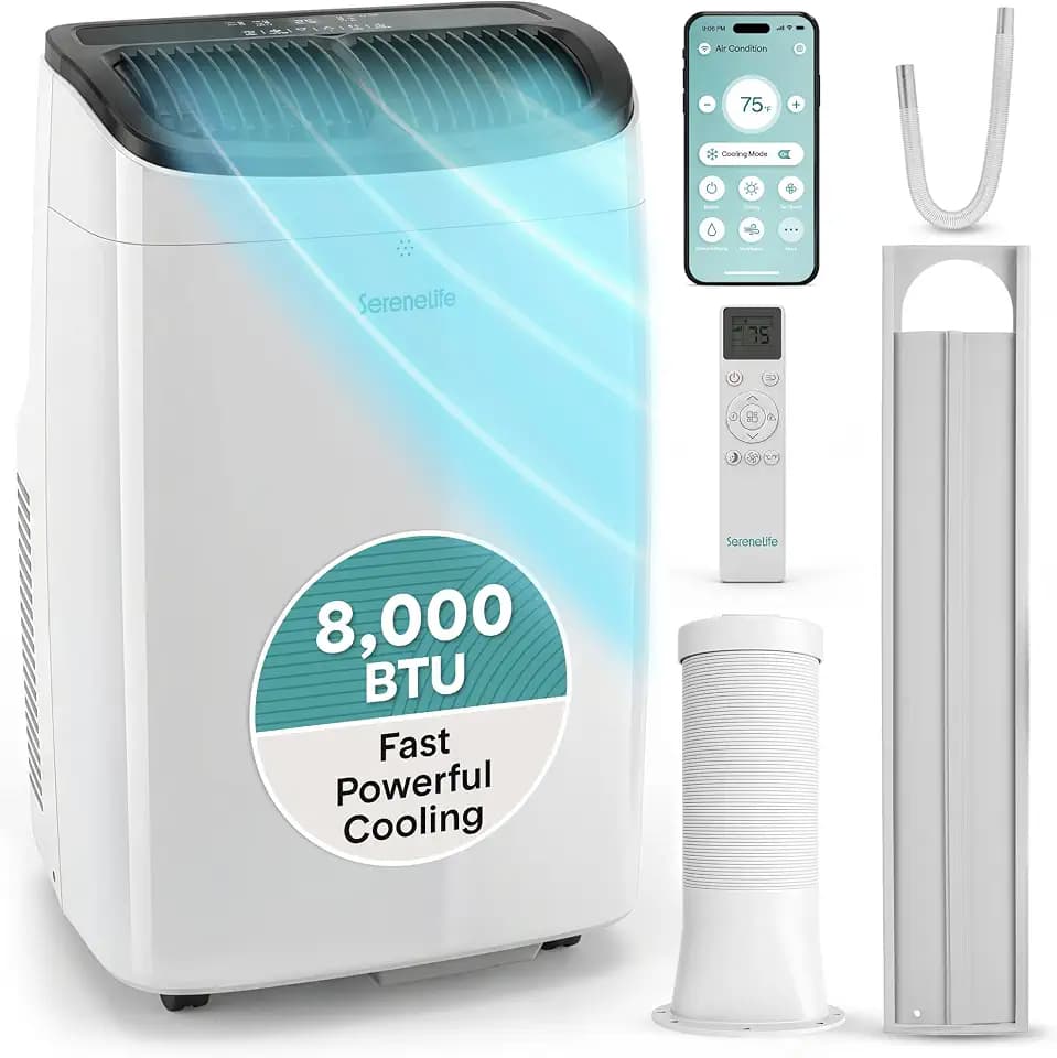SereneLife 8,000 BTU Portable Air Conditioner with Dehumidifier & Fan | Portable AC Unit with WiFi for Wide Area Climate Control | Compact Standing Air Conditioner with Window Kit