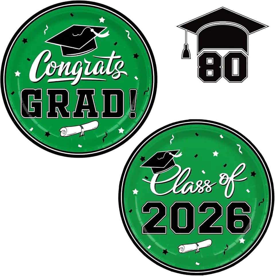Graduation Party Supplies 2026 Graduation Party Dinnerware Green Disposable Paper Plates for Congrats Grad Party Decorations, Serve 80