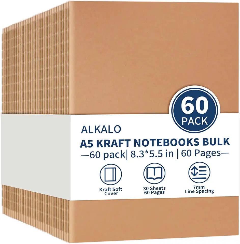 60 Pack A5 Lined Kraft Notebooks Bulk, 8.3x5.5 Inches, Journaling Notebooks