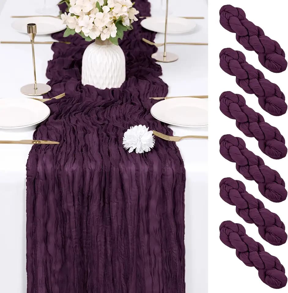6 Pack Dark Purple Cheesecloth Table Runner 17x108 Inch Semi Sheer Boho Gauze Cheese Cloth Fabric Table Runners Table Decor for Wedding Party Baby Shower Birthday Home Decor Garden Farmhouse