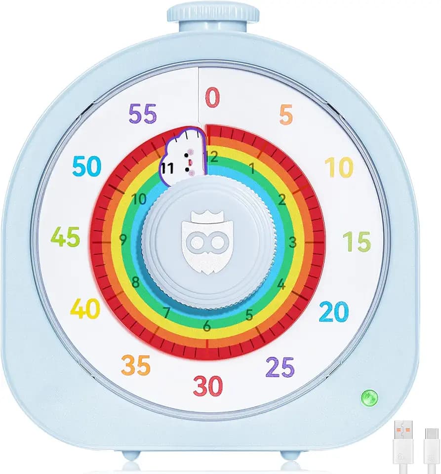 Kids Timer with Rainbow Visual Disk, Rechargeable Timer for Classroom Office Kitchen with Magnetic Sticker, 60 Min/12Hr Silent Countdown Timers Management Tool for ADHD & Autism