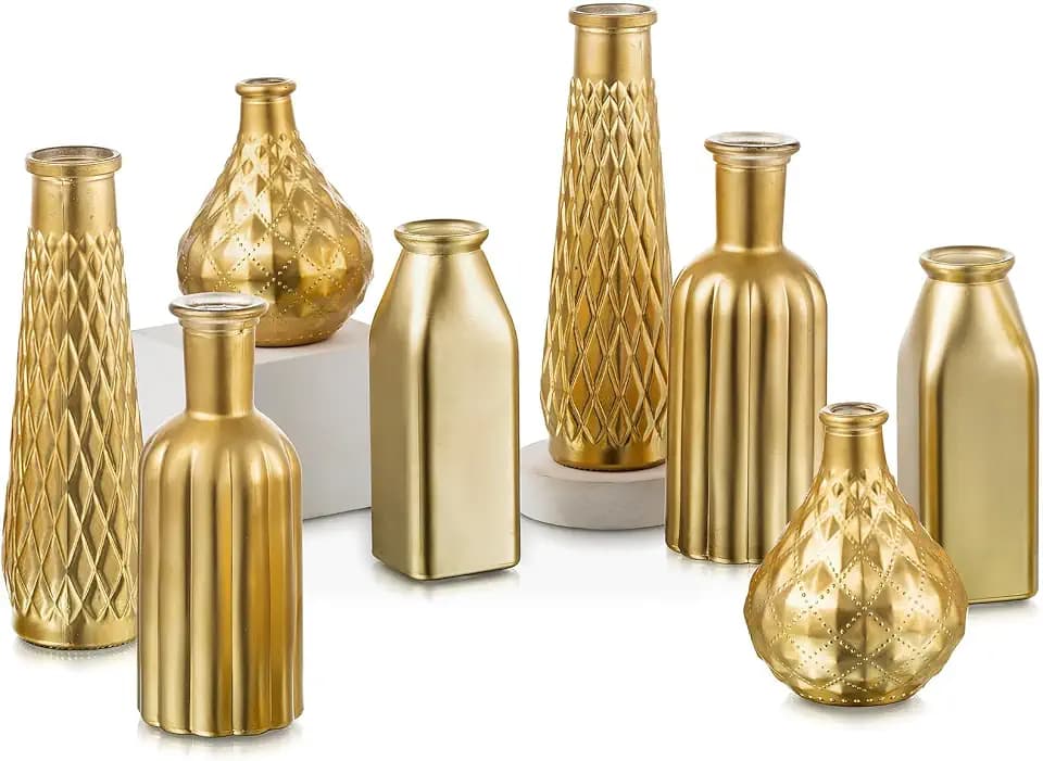 Glasseam Gold Glass Vase, 8pcs Cylindrical Home Decor, Antique Art Deco Style, Holds Water, Gold Electroplating Finish, Living Room Kitchen Bathroom Bedroom Decor, Table Centerpieces