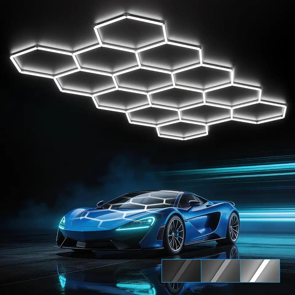 HYPERLITE Gen 2 Hexagon Garage LED Light, Upgraded 3 Level Dimmable 399W 39900LM Super Bright Garage Detailing Lights, 14 Grids Hex Shop Lights, Hexagon LED Lights for Basement, Car Detailing, Gym