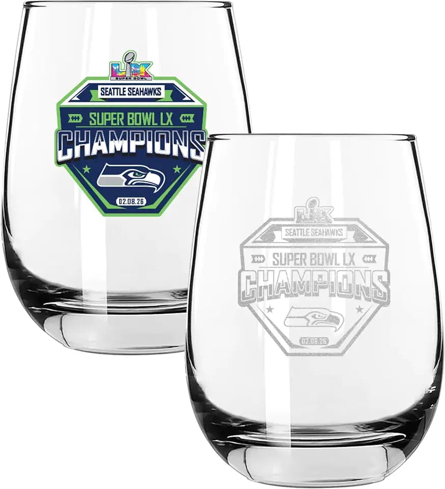 The Memory Company Officially Licensed NFL Seattle Seahawks 2026 Super Bowl LX Champions 2-Pack 15oz Stemless Wine Glass Set, Etched