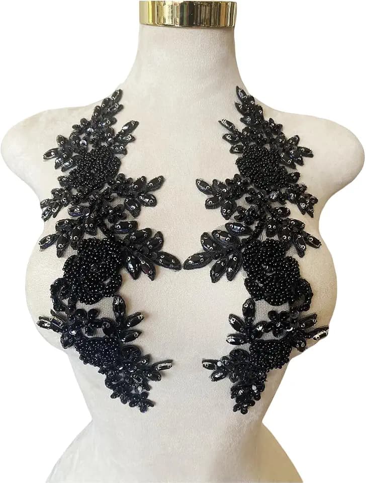 Jpumley. Pksn Handmade Rhinestones on Lace Applique Trim Sewing Beads Sequins Trim Patches for Wedding Dress Accessories 1Pair/Bag 6X14inches (Black)
