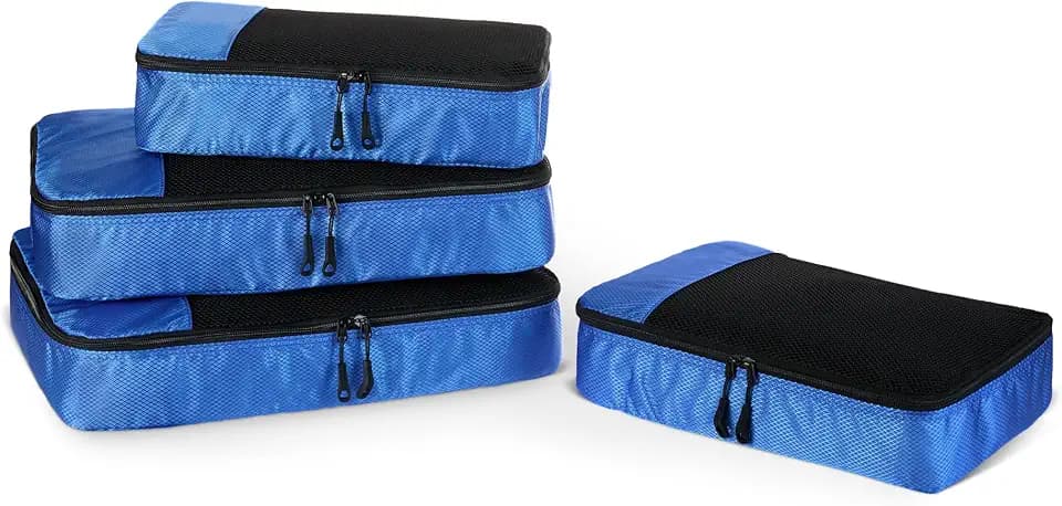 Amazon Essentials 4-teiliges Packwürfel-Reisezubehörset, Gepäckorganizer mit Doppelreißverschluss, Netzoberseite, Polyester, 2 mittelgroße/2 große, blau (früher Amazon Basics)
