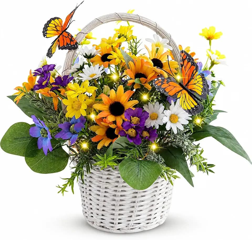 Eksen Artificial Flowers in Basket Vase with Lights, Faux Floral Arrangement for Table,Home Kitchen Centerpieces Party Decor