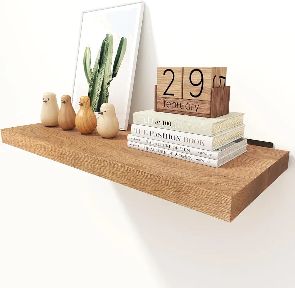 Solid Oak Floating Shelves - 24" Wide X 10" Deep, Heavy Duty Floating Shelf with L-Brackets, Rustic Wood Shelves for Home Decor