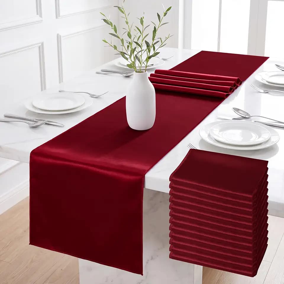 Aneco 12 Pack Satin Table Runner 12 x 108 Inch Burgundy Long Wedding Satin Silk Table Runner for Wedding Banquet Graduations Birthday Party Decoration