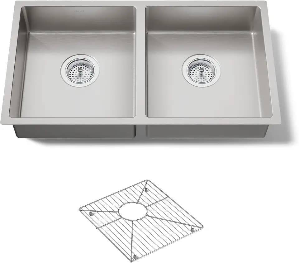 KOHLER Strive 29-1/2" Undermount Double-Bowl Kitchen Sink, Includes Accessories, Stainless Steel, Durable Construction, Sound-Absorbing, K-33155-NA