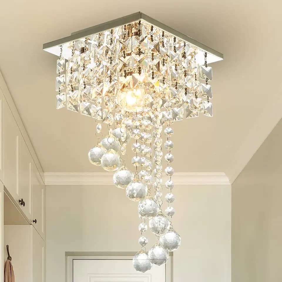 Mini Crystal Chandelier, 7.9" Square Flush Mount Ceiling Light, 1-Light E26