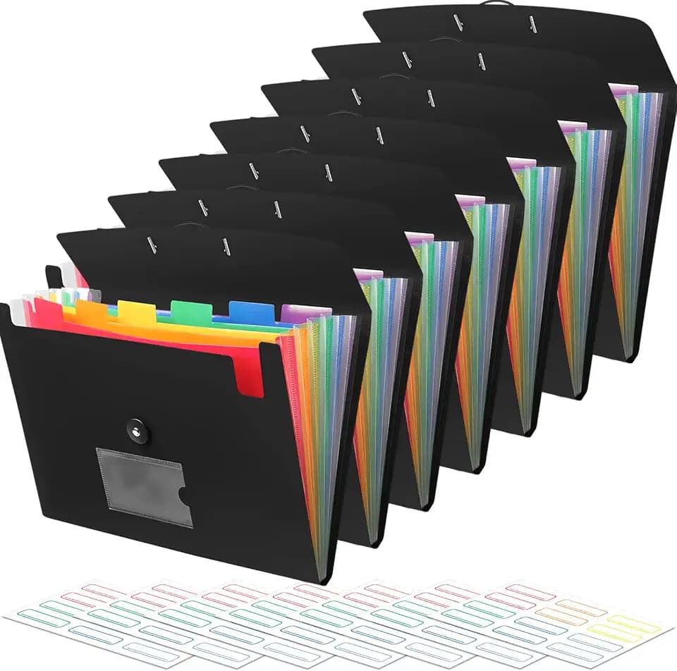 Accordian File Organizer 7 Pocket Expanding File Folder with Labels, Plastic Expandable File Folder for Documents Letter Size A4 Papers - 7-Pack Black