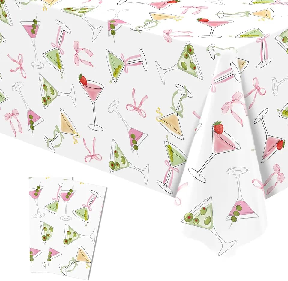 Martini Tablecloth A Tini Bit Older Birthday Party Decoration Bow Bachelorette Waterproof Disposable Plastic Table Cloth Picnic Dining Kitchen Decor 54 x108 Inch -Pack of 2 (2)