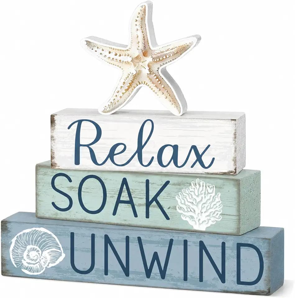 Cinnvoice 4 Pcs Coastal Relax Soak Unwind Bathroom Decor Sign