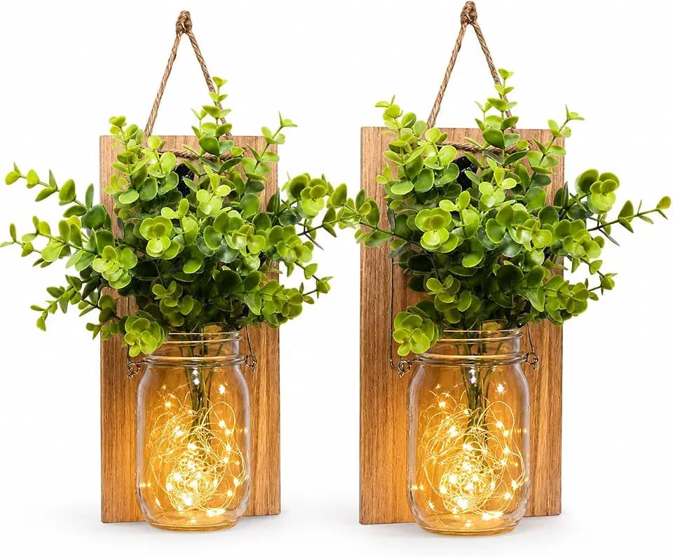 Rustic Wall Sconces, Mason Jar Sconces, Farmhouse Home Decor, LED Fairy Lights, Green Fake Plant, Interior Decoration Warm Toned Lighting. (2 Pack)