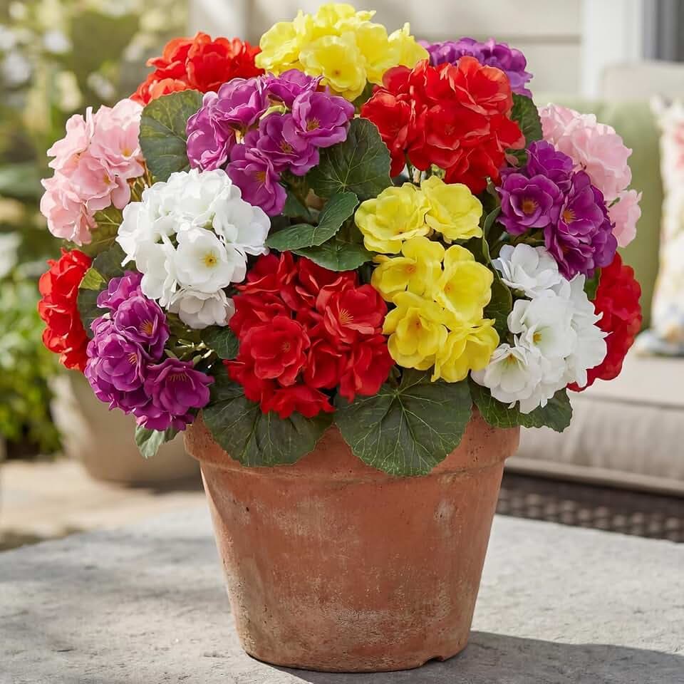 AMORISE12 Pack Artificial Geraniums for Outdoors,UV Resistant Fake Geranium Plants with 6 Bright Colors,Faux Silk Flowers for Window Box,Porch,Patio,Hanging Basket,Indoor Outdoor All Season Decor
