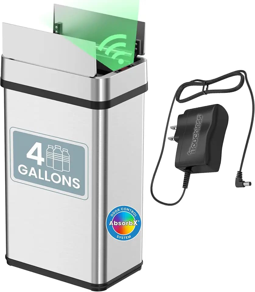 iTouchless 4 Gal Wings Open Lid Sensor Bathroom Trash Can, AC Adapter
