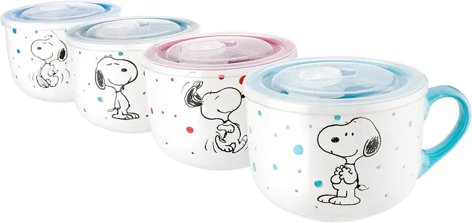 Peanuts Freckled Joy Soup Bowls 23 oz Stoneware with Clear Lids 4 Pack Assorted Colors Kitchen Food Storage