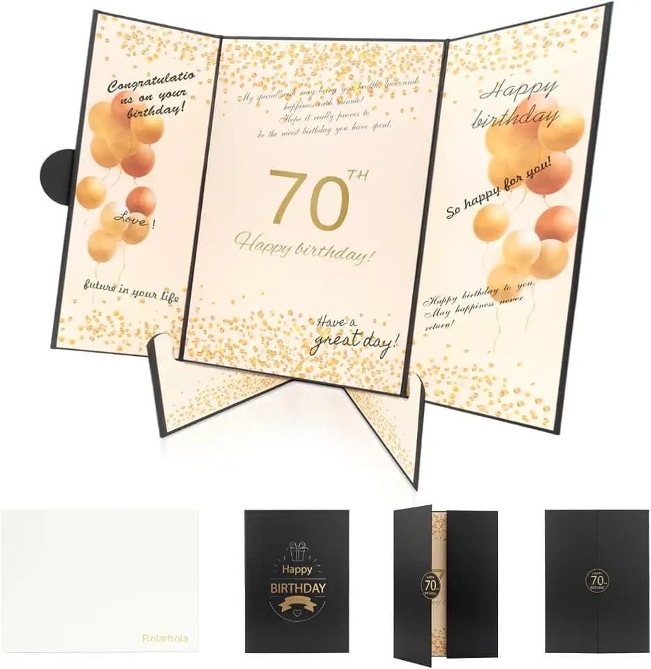 70th Birthday Guest Book and Party Decorations Set, 12x18 inch Sign-in Signature Card with Matching Envelope + Foldable Stand,Gold Foil Stamped Inner Pages,Black and Gold