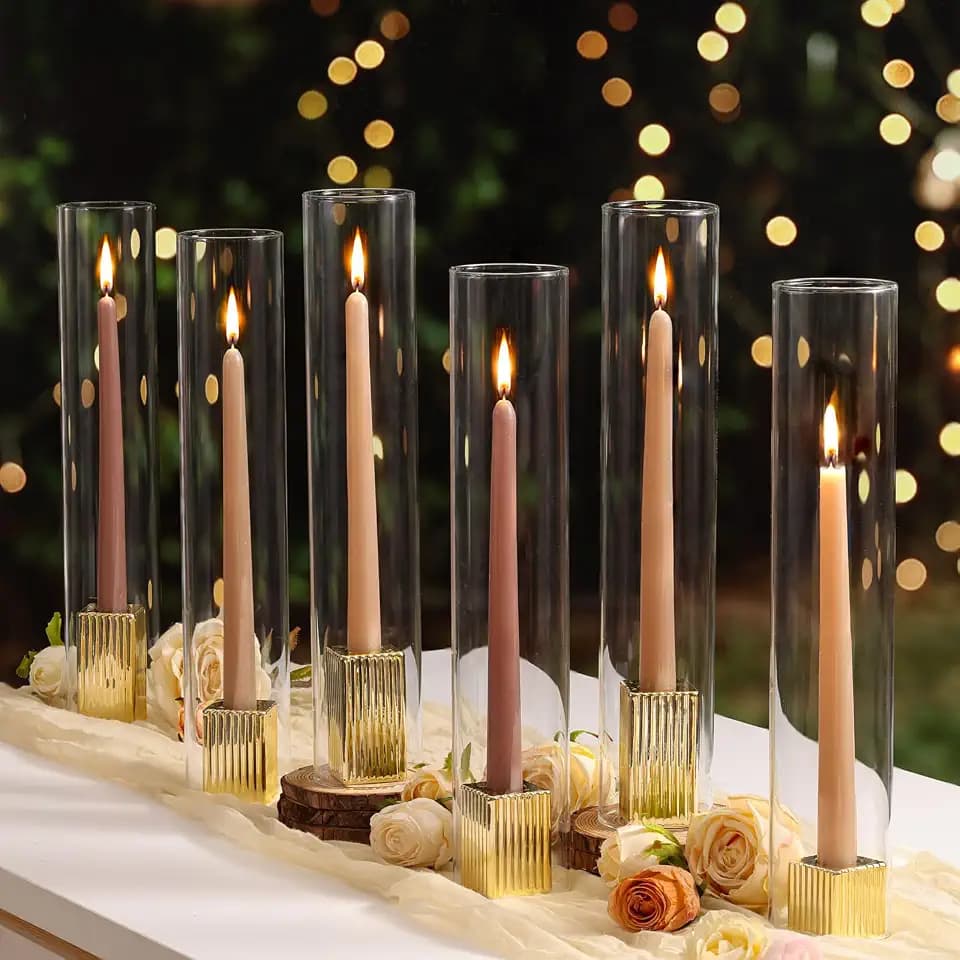 LETINE 14" Tall Hurricane Candle Holders with Gold Ribbed Taper Candle Holders Set of 9– Bulk Windproof Taper Candle Hurricane Glass for Outdoor&Indoors Wedding Centerpiece, Event & Home Decor
