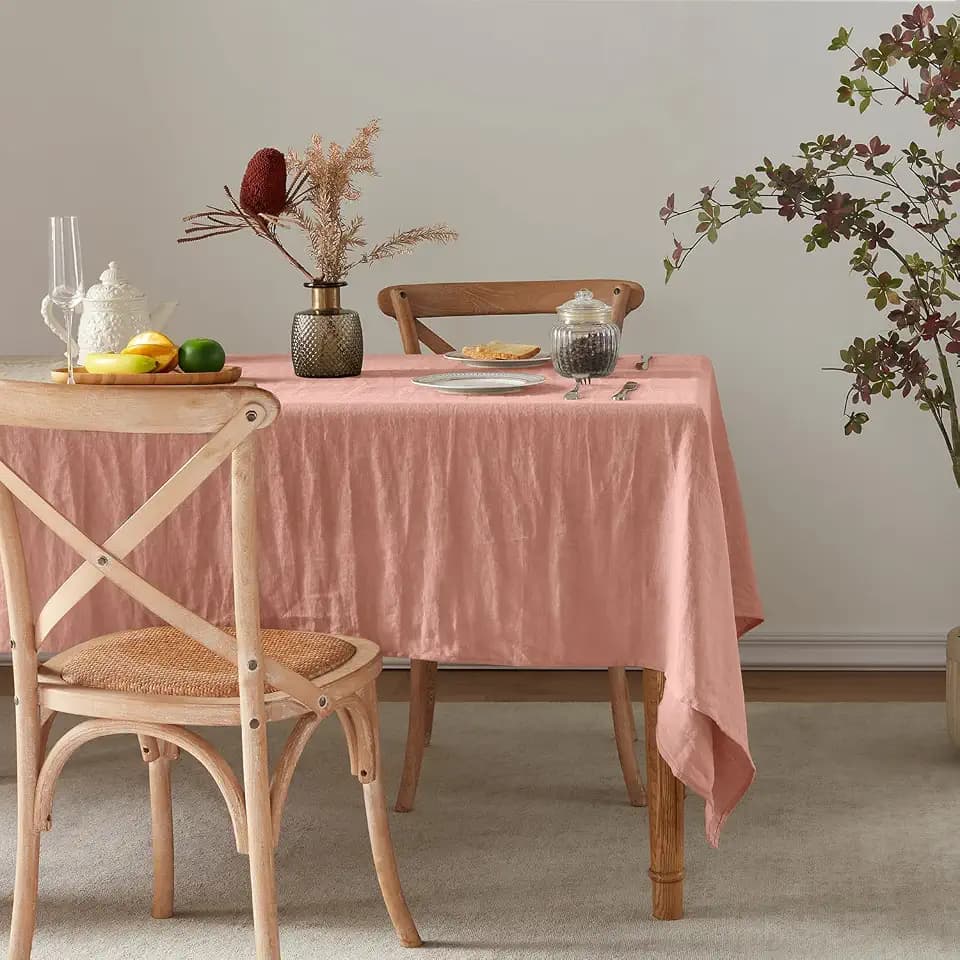 TOSMO 100% Linen Tablecloth, 60 x 144 Inch Rectangle Table Cloth, Rose Pink