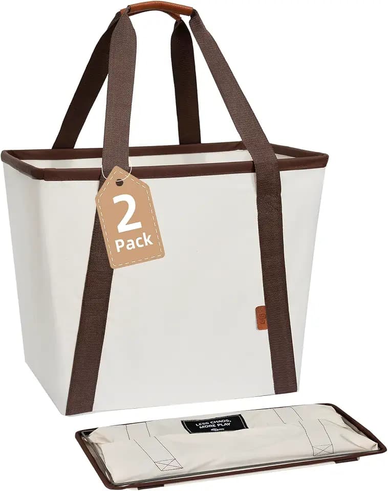 STORAGE MANIAC Collapsible Laundry Caddy, 128L (34 Gal) Large Collapsible Laundry Basket with Sturdy Metal Wire Frame, Long Carry Handles - Space-Saving, Foldable Laundry hamper, 2 Pack Beige