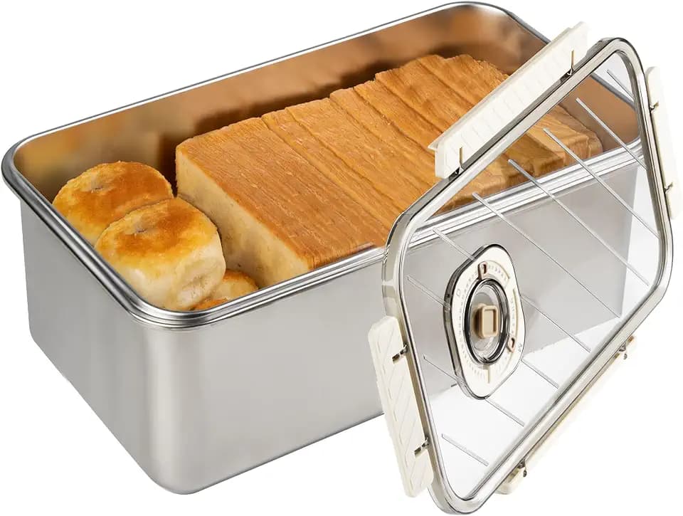 Large Bread Container: Time Recording Bread Storage Container with Lid, Stainless Steel Bread Box, Bread Storage Solution, Airtight Bread Box, Dishwasher Safe (Silver-White)