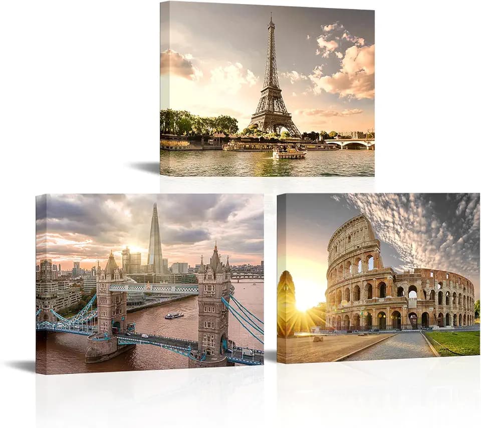 NutArtPic European Cityscape Wall Art - Paris Eiffel Tower, London, Rome Canvas Prints - Framed Landscape Paintings for Living Room, Office & Bedroom Decor - Ready to Hang Framed 12''x16''x3panels
