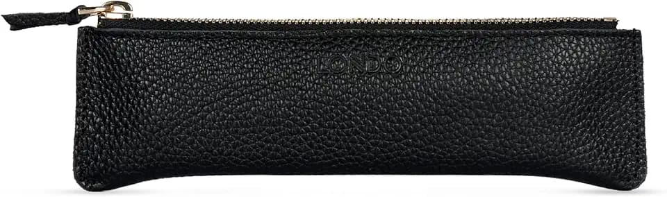 Londo Zippered Genuine Cowhide Leather Pen & Pencil Case — Slim Fountain Pen Holder, Pencil Pouch, Stationery Organizer, Makeup Brush Case, Travel Pouch — Gift for Writers, Students, Teachers, Black
