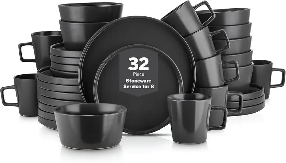 Stone Lain Celina Stoneware 32 Piece Modern Dinnerware Set, Plates and Bowls, Black Matte, Service for 8, Microwave & Dishwasher Safe