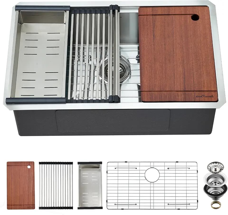 Undermount Kitchen Sink, 30 x 19 Inch Sink Kitchen 16 Gauge Stainless Steel Kitchen Sinks Single Bowl Workstation Sink with Cutting Board